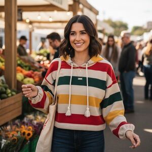 TCEC Hoodie Unisex Size L Multicolor Wide Stripe Boxy Slouchy Pullover